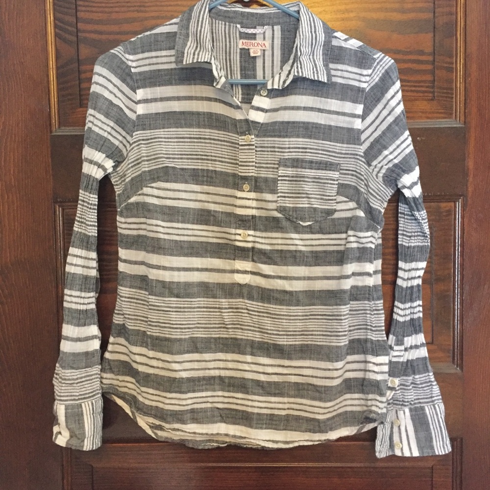 Striped cotton linen grey white collar shirt